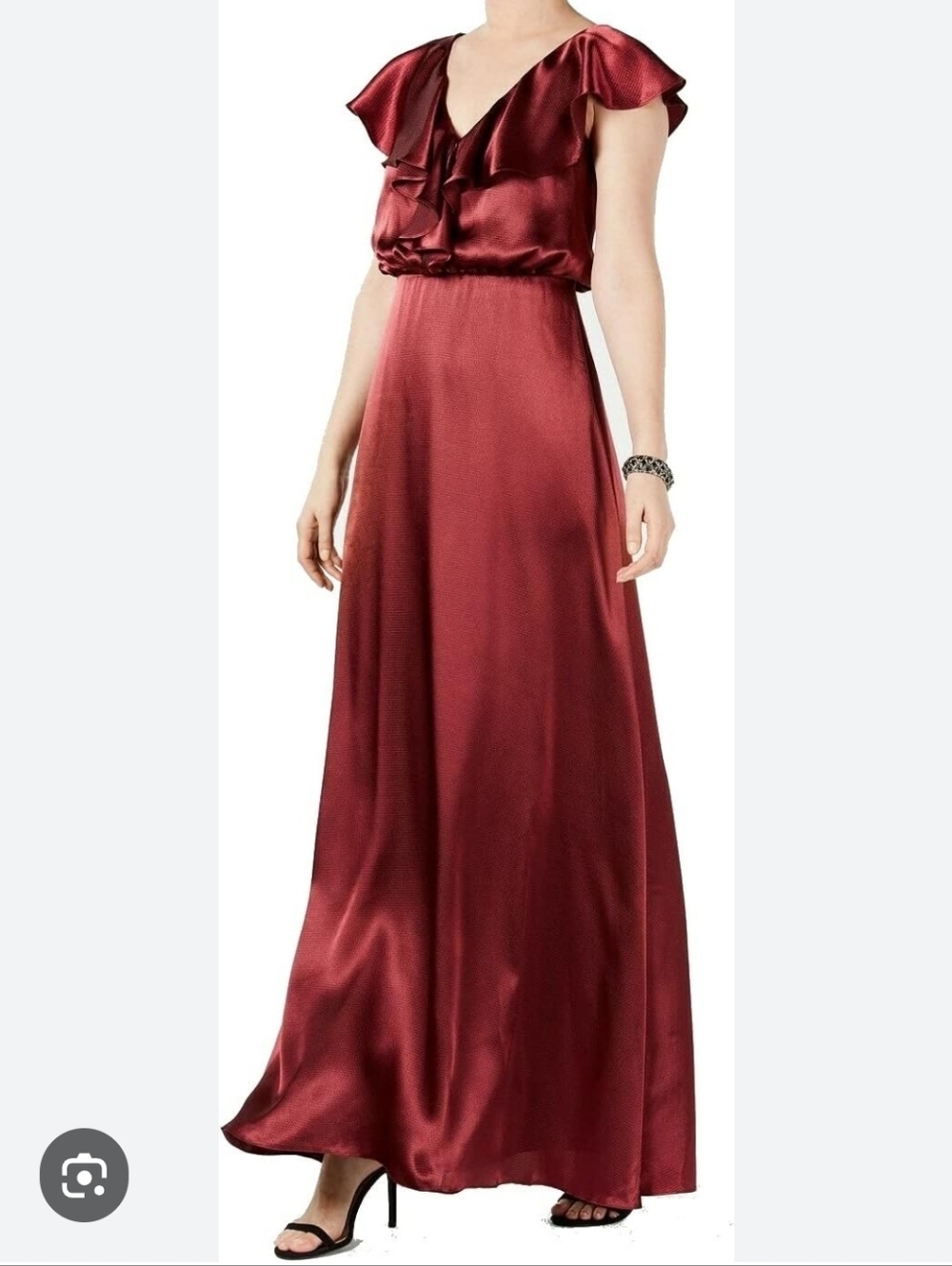 Adrianna Papell Women's Burgundy Wine Ruffle Hammered Satin Maxi Dress Size 10 - Picture 12 of 12